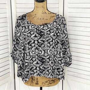 About‎ A Girl Damask Print Cuff Sleeve Crop Blouse Black White Large
